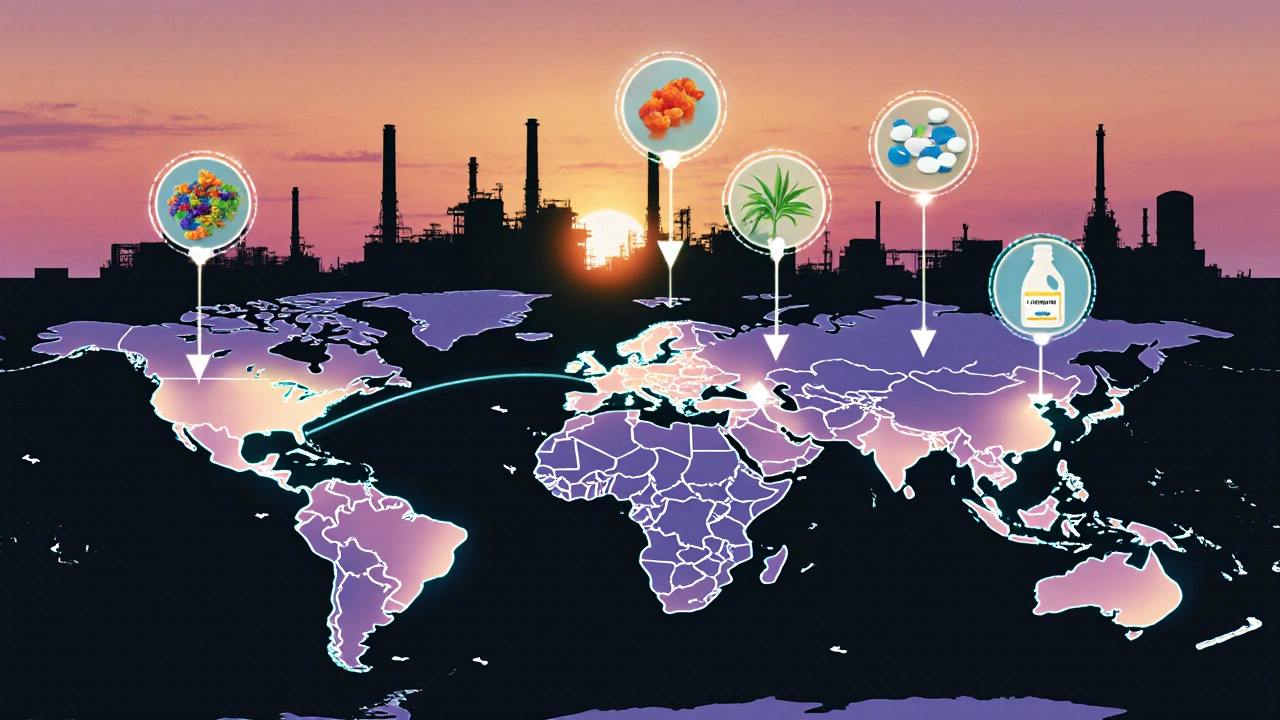 Global export map of Indian chemicals with icons of dyes, pharmaceuticals, and fertilizers.