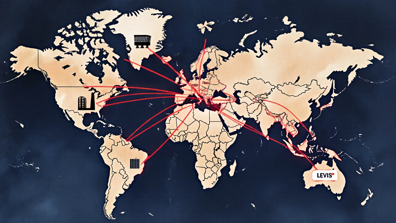Global map with glowing threads linking India to major fashion markets and brands.