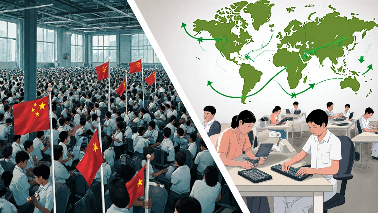 Illustration showing electronics manufacturing shifting from China to India with rising and falling arrows.