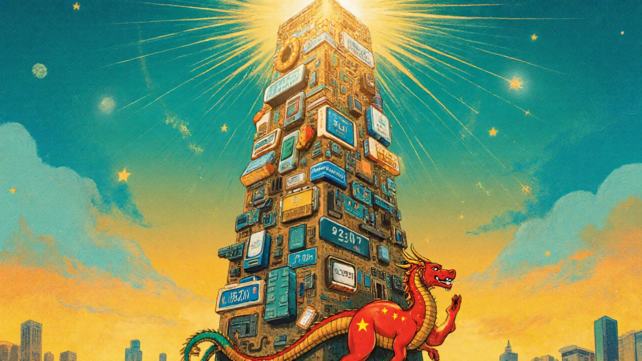 India&#039;s electronics industry rising as a tower of devices, built on workforce and government support.