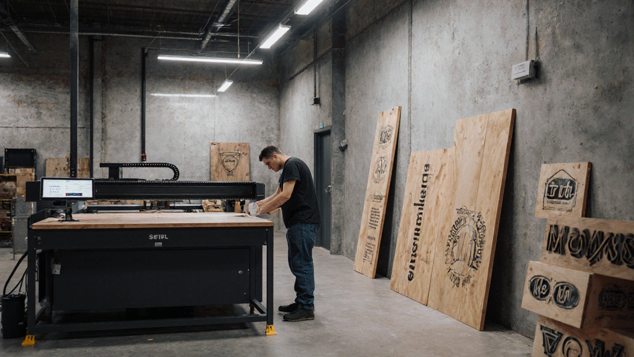 Operator using a laser cutter to shape custom acrylic signs from reclaimed wood in a compact workshop.