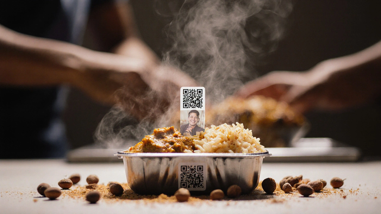 Single meal pack with QR code on lid, surrounded by spices in a home kitchen.