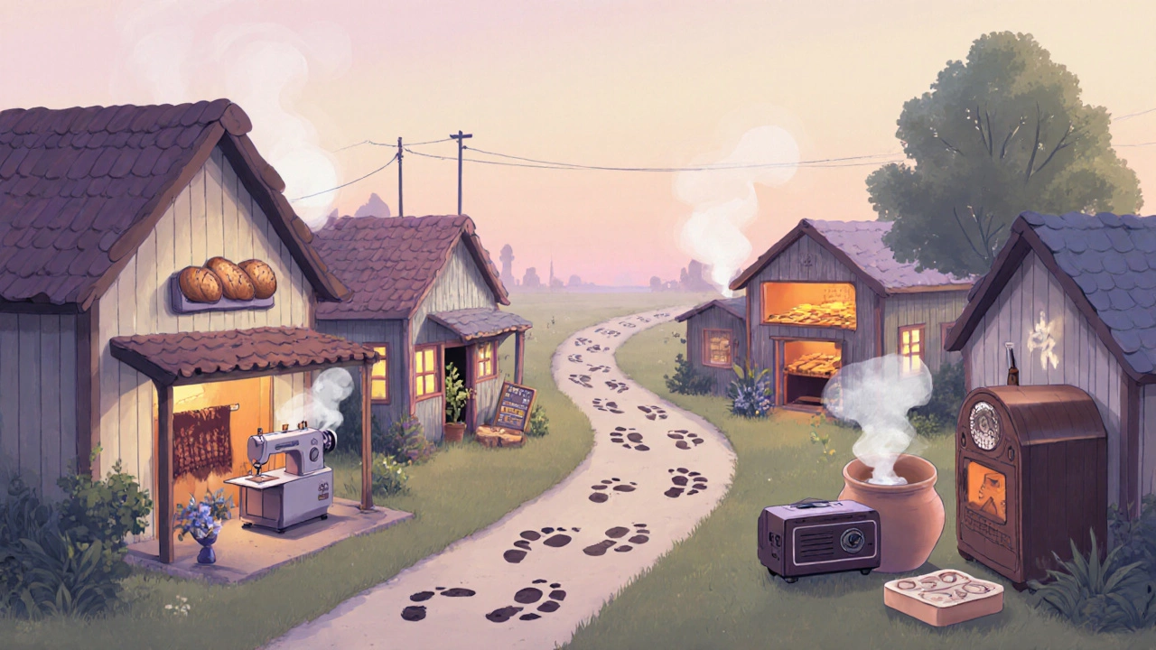 Six small workshops along a village street at dawn, each producing handmade goods.