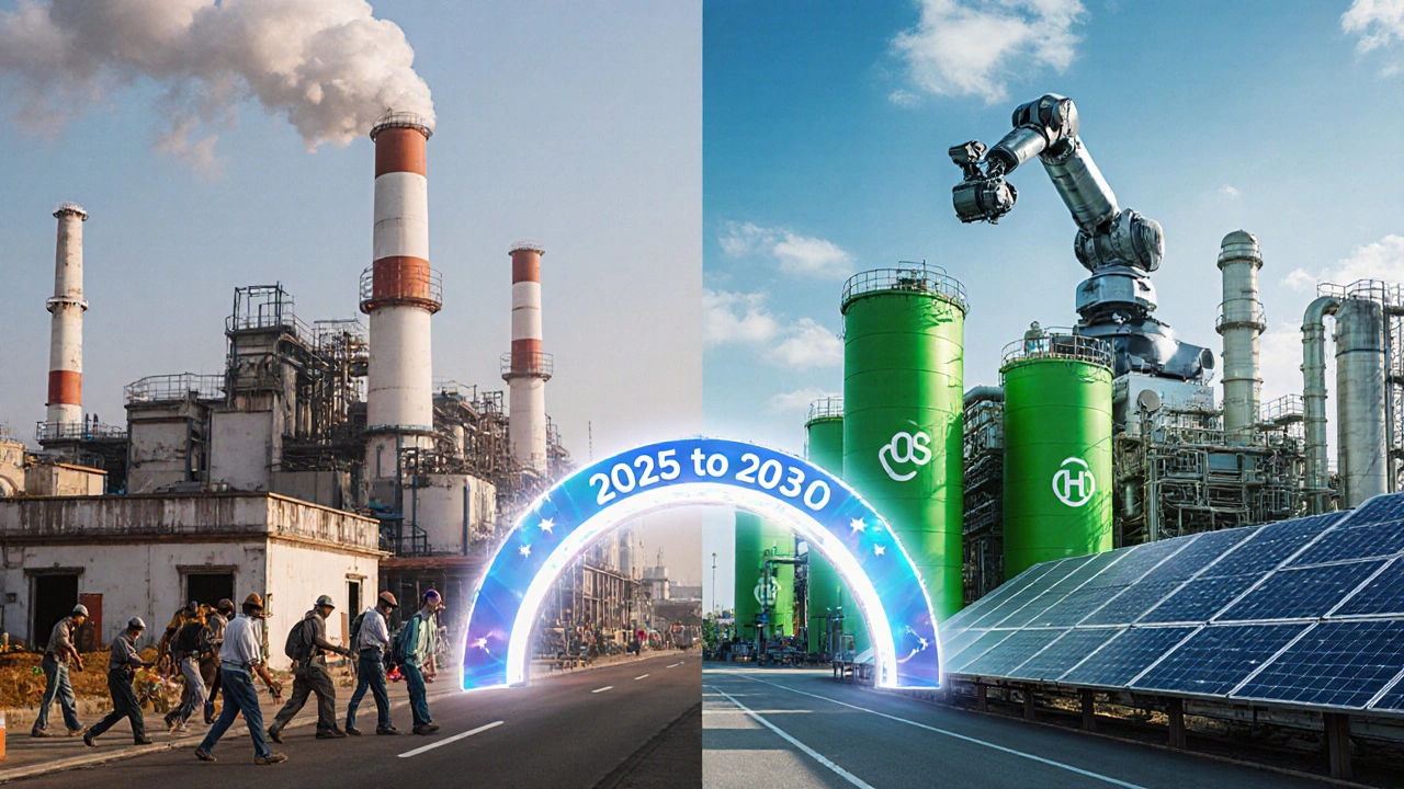 Split image showing India&#039;s chemical industry evolution from 1990s factories to modern green plants.