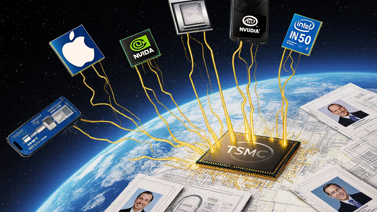 TSMC as the hub of global tech, with chips powering major brands while Intel fades in the background.