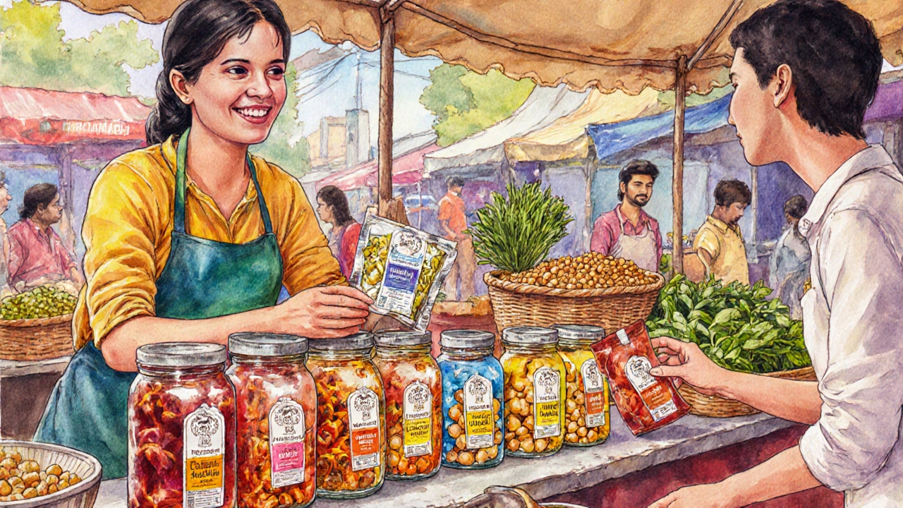 Vibrant farmers&#039; market stall selling fermented foods and spiced roasted chickpeas.