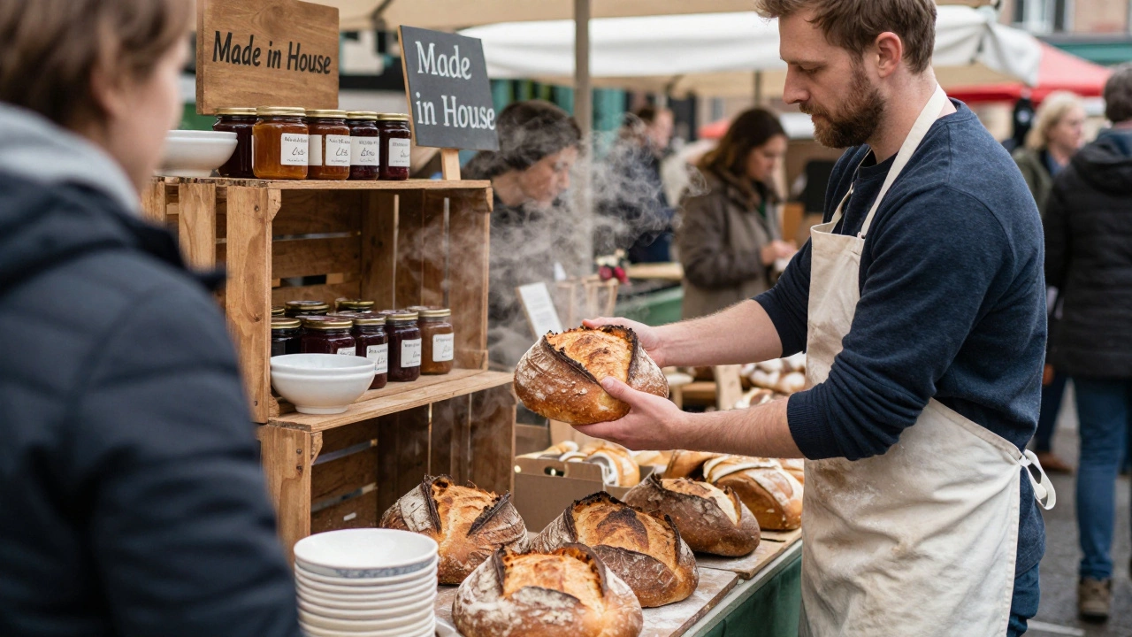 A baker handing a sourdough loaf to a customer at a local market.