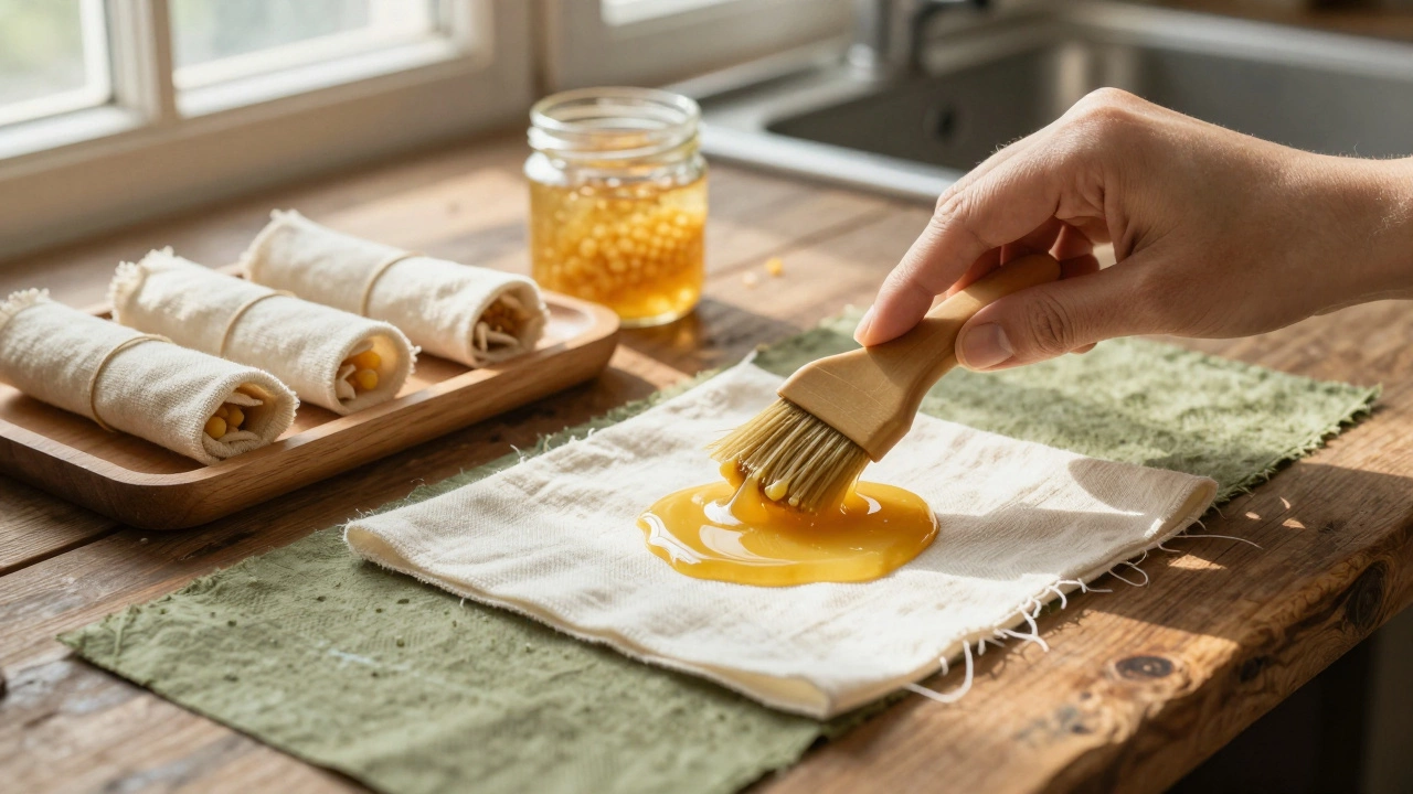 A hand brushing beeswax onto organic cotton fabric to create eco-friendly food wraps.