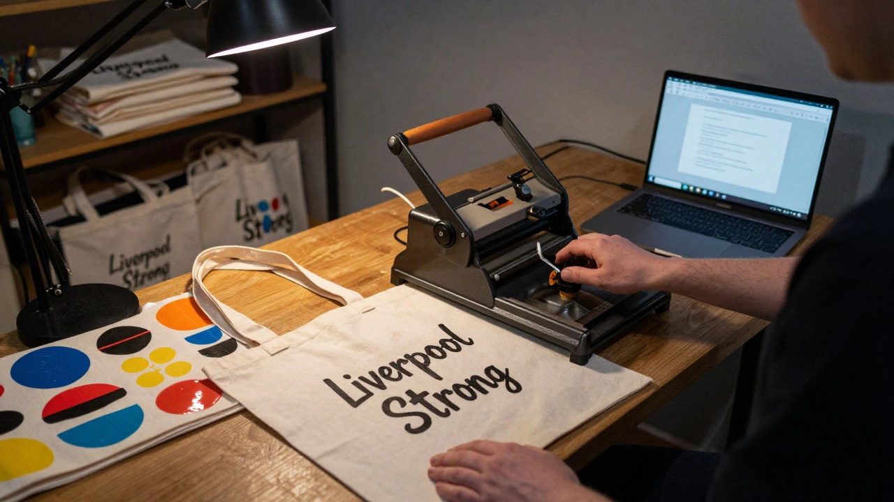 A person using a heat press to print a &#039;Liverpool Strong&#039; design on a reusable cotton tote bag.