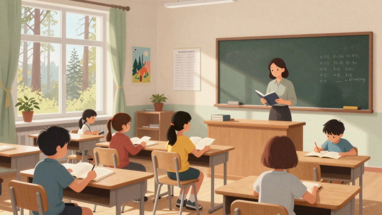 A quiet Finnish classroom with children reading and sunlight streaming in, no tests visible.