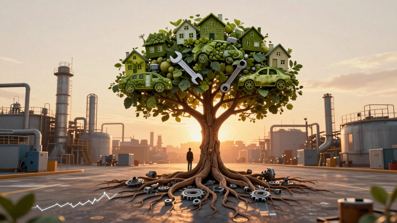 A tree grows from a factory floor, symbolizing slow-built wealth through industrial work.