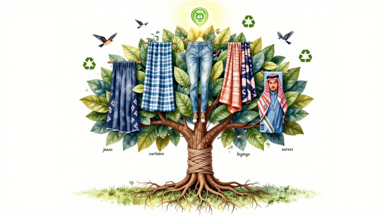 Artistic tree with fabric leaves representing global textile uses and recycling.