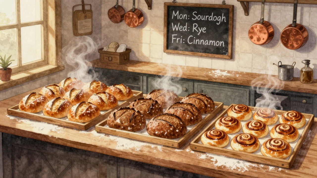 Bakery trays with three different bread batches steaming on a rustic countertop.
