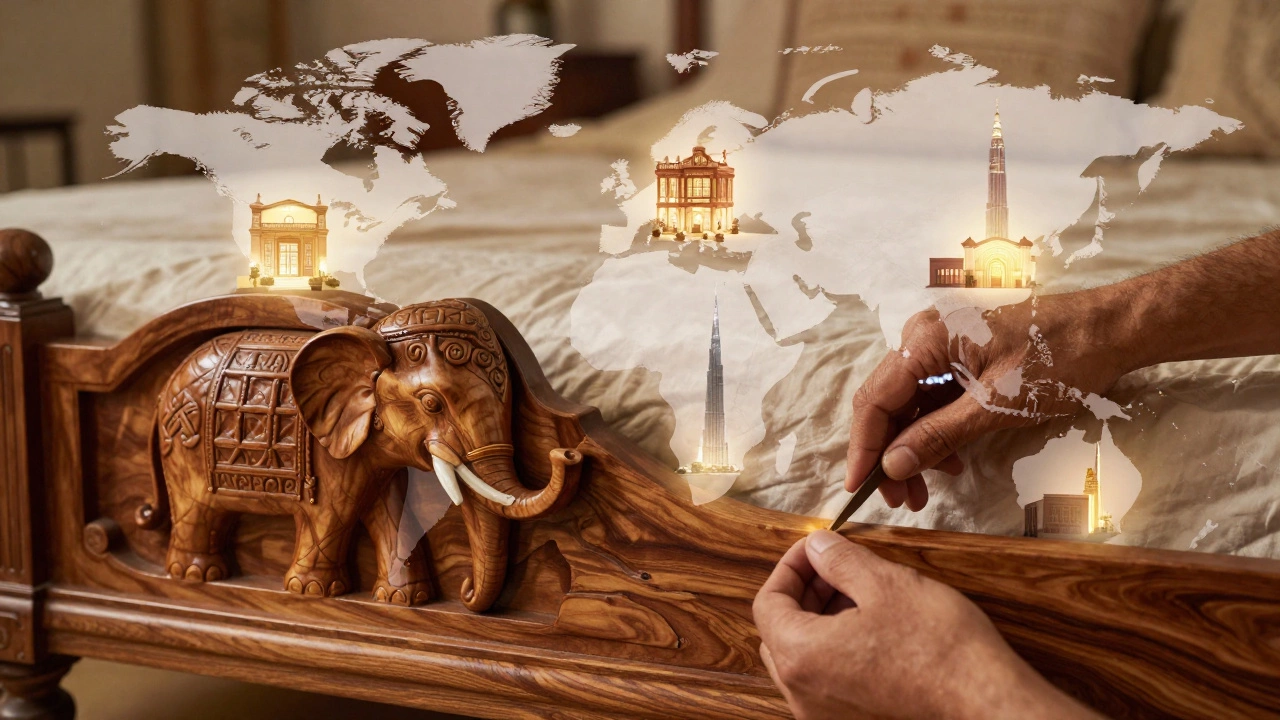 Carved wooden elephant motif connected by maps to global homes