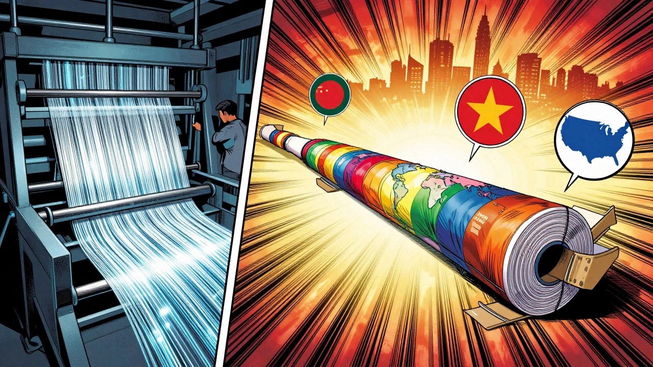 Comic book style showing synthetic fabric being made and shipped globally.