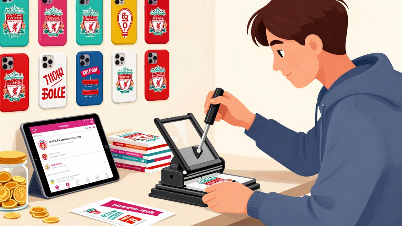 Entrepreneur pressing a custom phone case design with Anfield theme in a colorful studio.