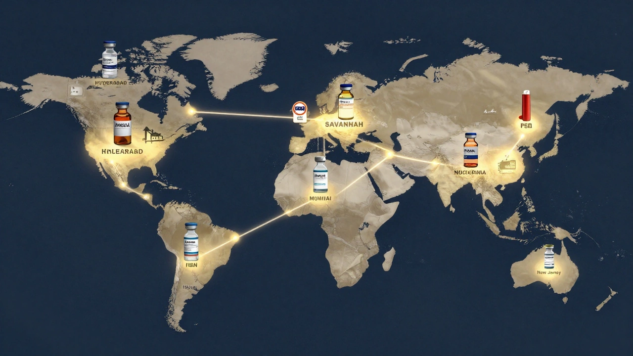 Global supply chain connecting Indian drug factories to US distribution hubs with medical products in transit.