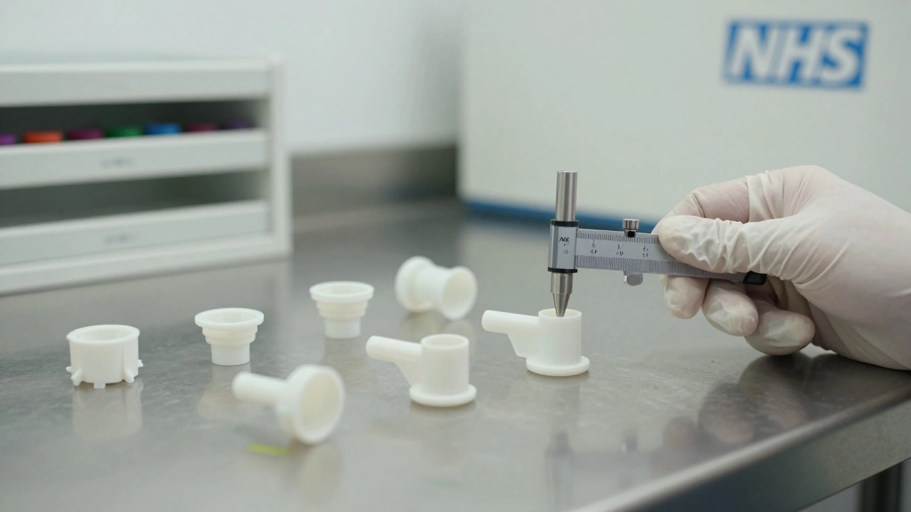 Precision medical components being measured with a micrometer in a clean lab setting.