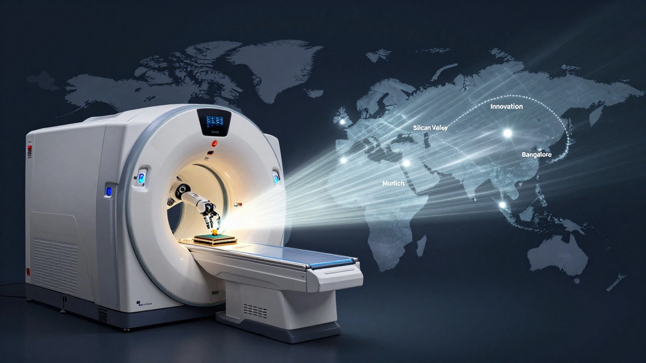 Robotic arm placing a chip into an MRI machine, with light radiating across a global innovation map.