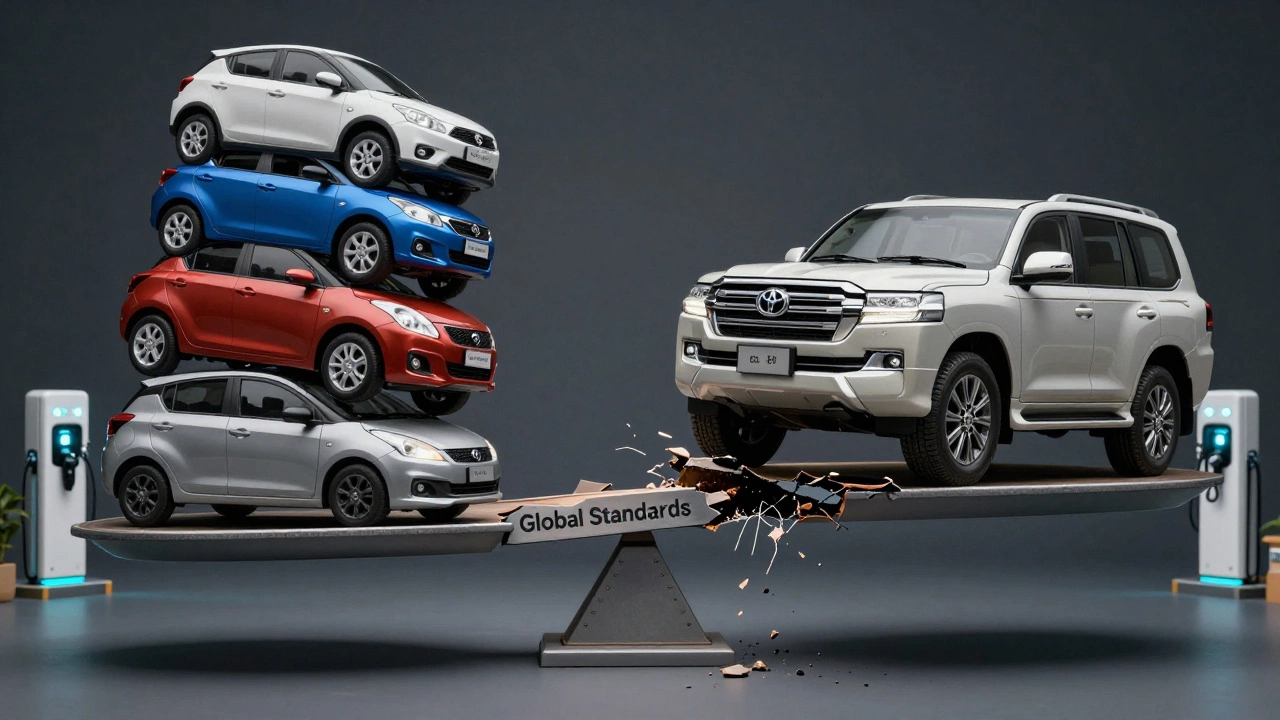 Scale balancing low-cost Indian cars against a single luxury Toyota, with collapsing bridge and EV chargers in background.