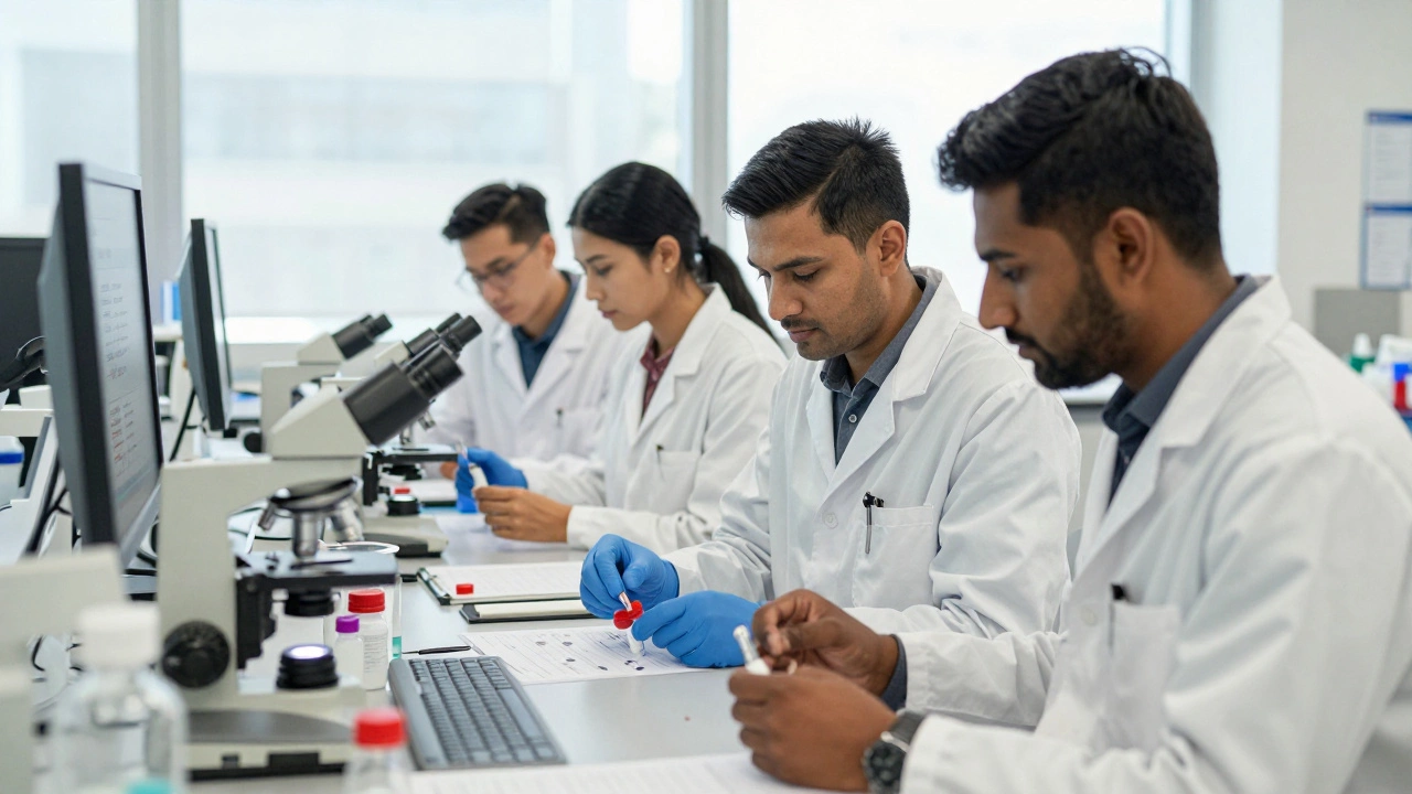 Scientists from India and the US working together in a laboratory developing biosimilar medications.