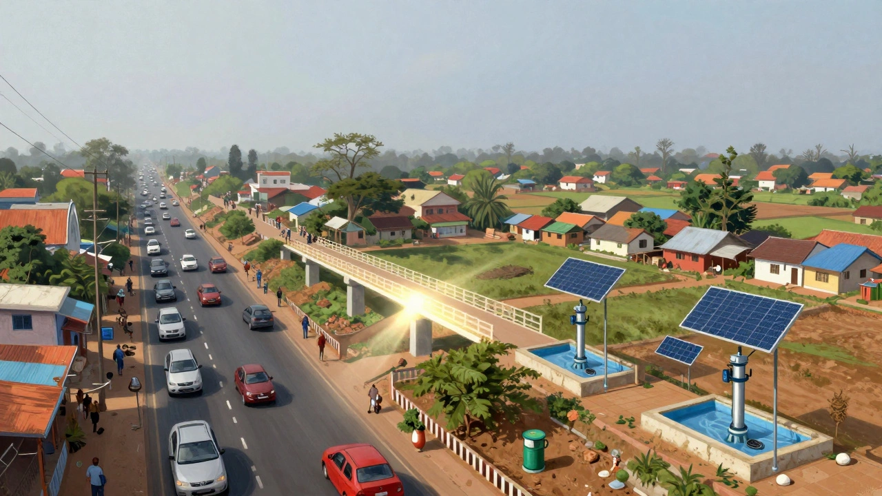 Split landscape: polluted Indian city on left, clean rural village with solar pumps on right.