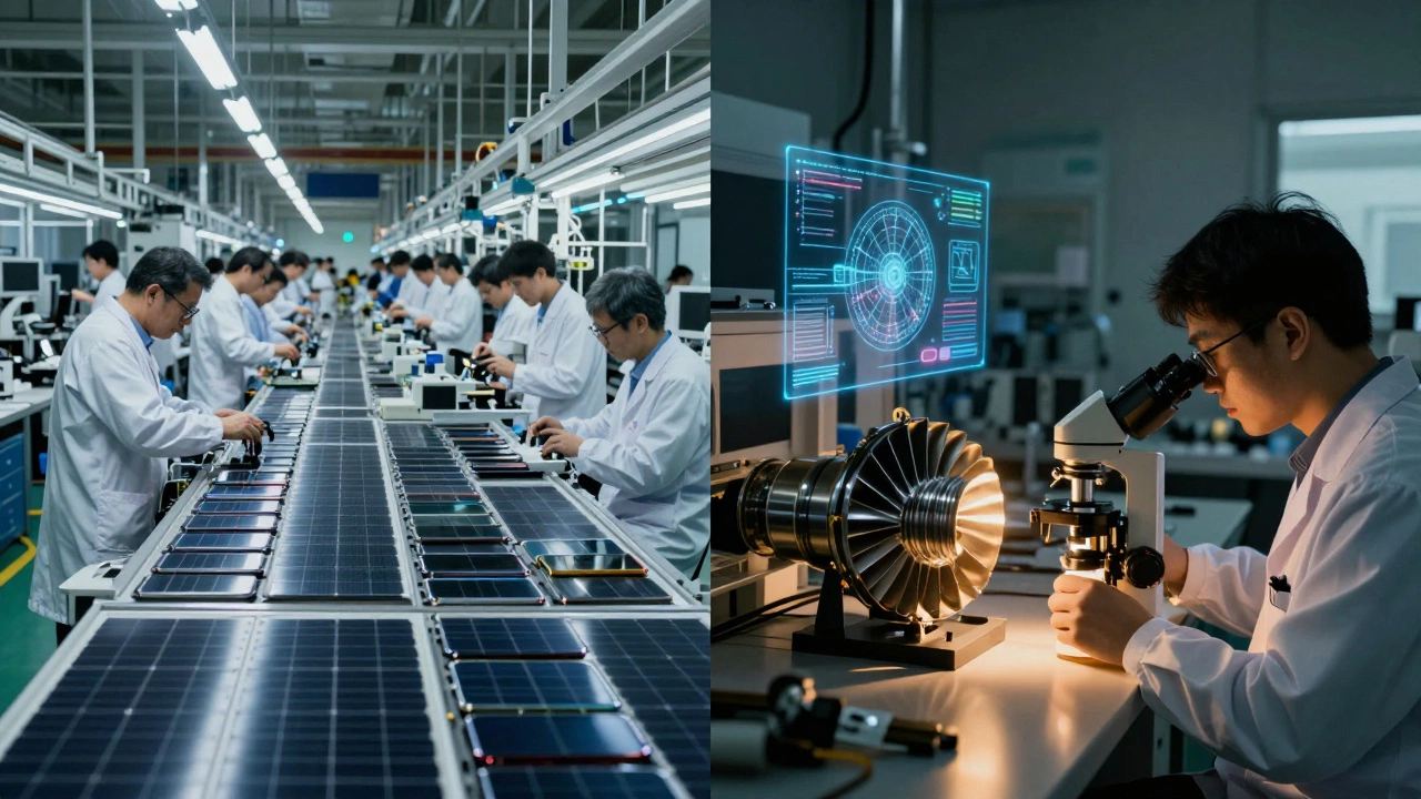 Split view: busy Chinese electronics factory versus a U.S. lab inspecting a jet engine turbine.