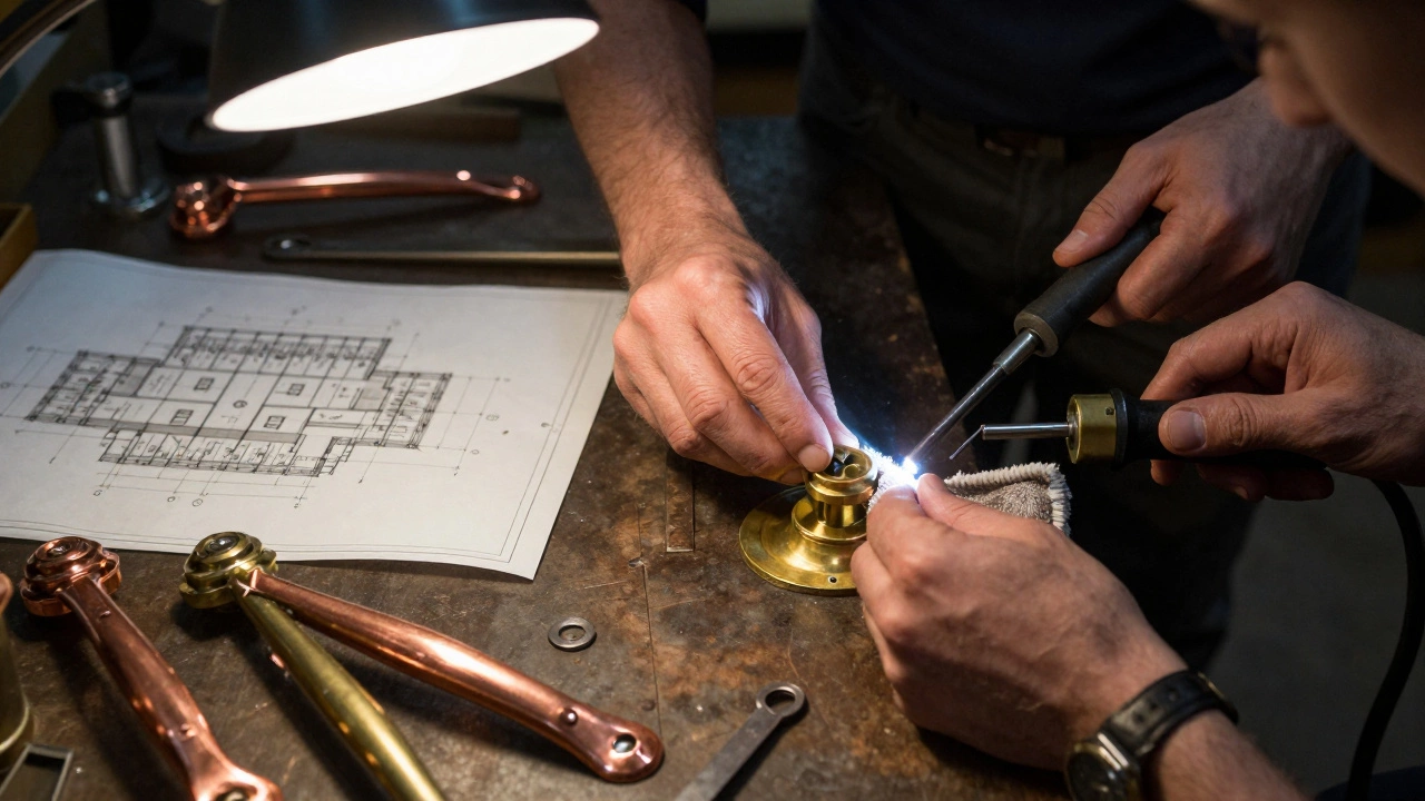 Three hands crafting a brass marine fitting using vintage tools.