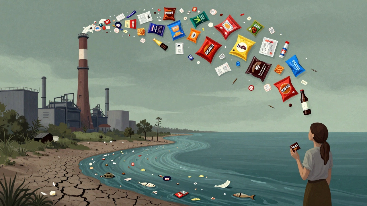 A factory pumps plastic waste into a river flowing toward a polluted ocean, with a woman holding a sachet on the bank.