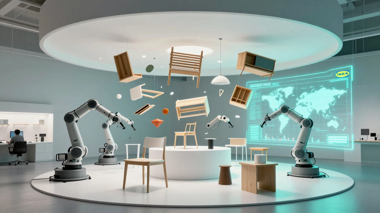 A high-tech lab where IKEA disassembles and recycles furniture using robotic arms and holograms.