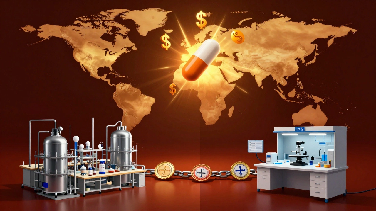 A pill surrounded by dollar signs, connected to factories in India and regulatory labs in the U.S.