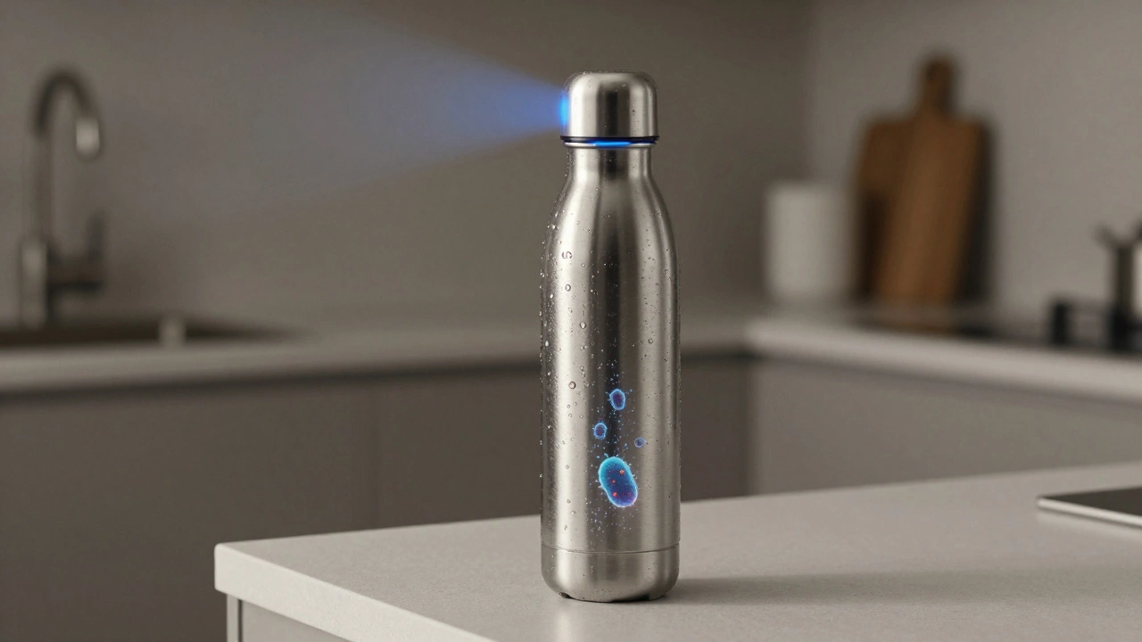 A self-cleaning water bottle with UV light activating inside its cap to kill bacteria.