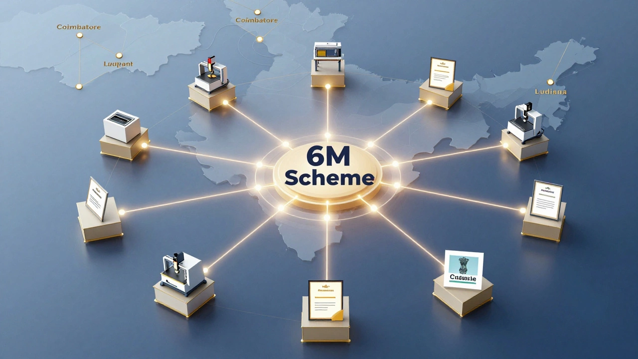 Aerial network of glowing Indian small factories connected to a central 6M scheme hub, with icons of machines and certificates.