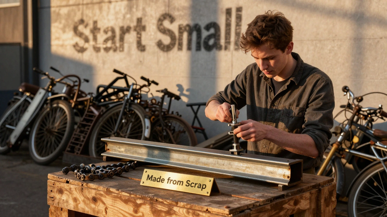 Entrepreneur building a tool holder from reclaimed scrap metal and bicycle chains in a warehouse.