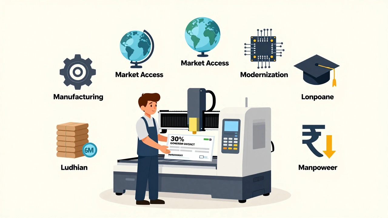 Factory owner surrounded by six symbolic icons representing the 6M scheme: manufacturing, market, modernization, materials, money, manpower.