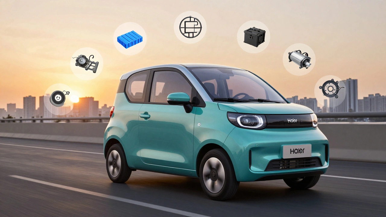 Haier EV electric car designed in Pakistan with visible local components and urban backdrop.