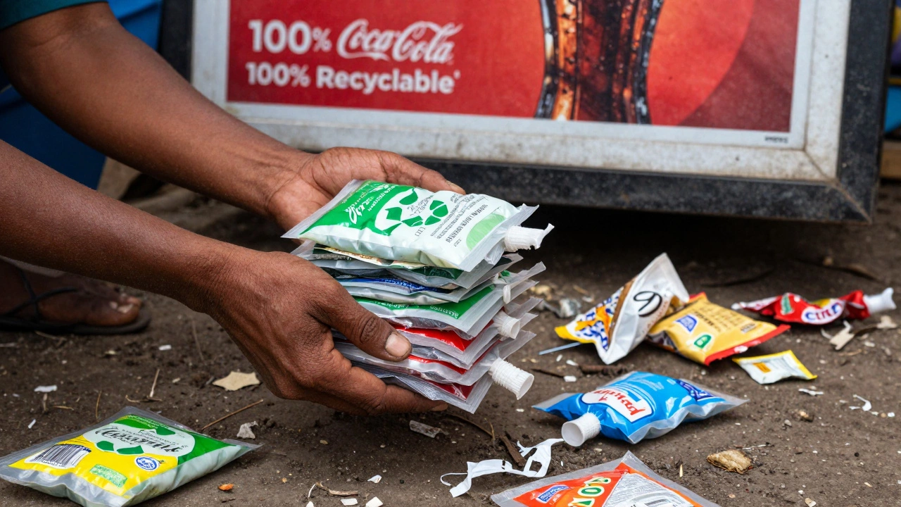 Hands hold plastic sachets in an Indian market, while a billboard falsely claims the packaging is recyclable.