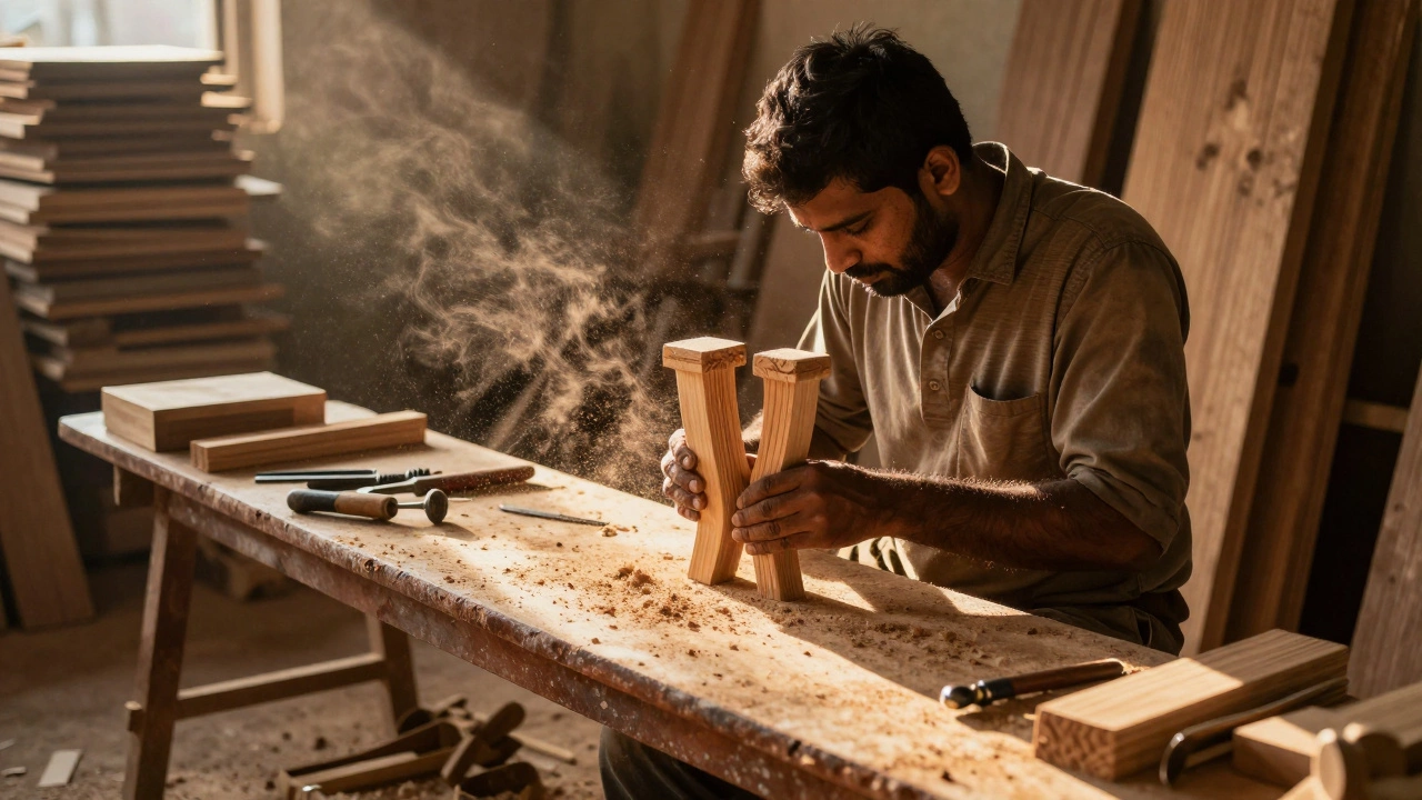Indian craftsmen hand-carving wooden furniture parts in a sunlit workshop in Punjab.
