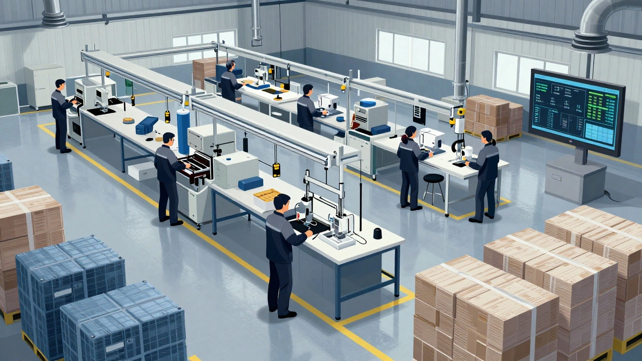 Organized factory floor with labeled zones, workers moving efficiently, and digital performance monitor on wall.