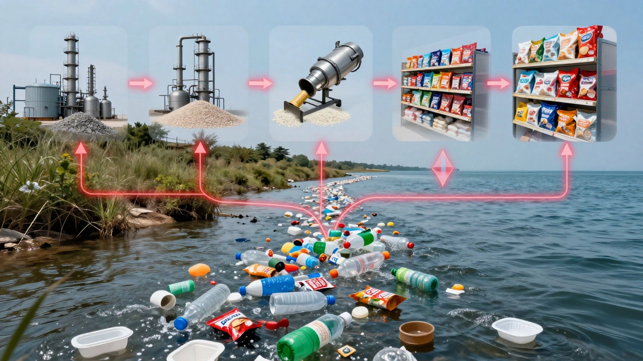 River flowing with plastic waste, connected to supply chain overlays showing production and distribution.