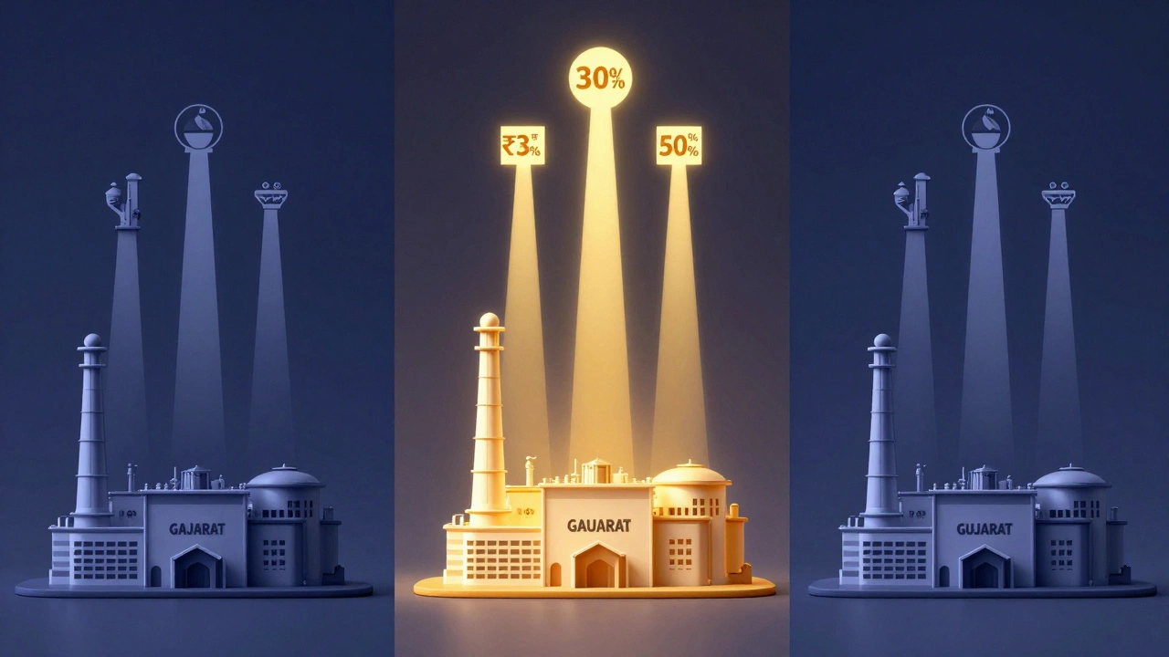 A glowing Gujarat textile factory tower towers over smaller factories of other states, symbolizing superior incentives.