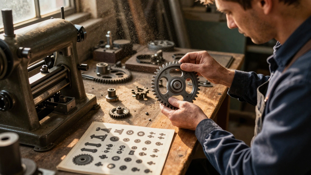 A mechanic holding a 3D-printed gear for an old printing press, surrounded by a catalog of replacement parts.