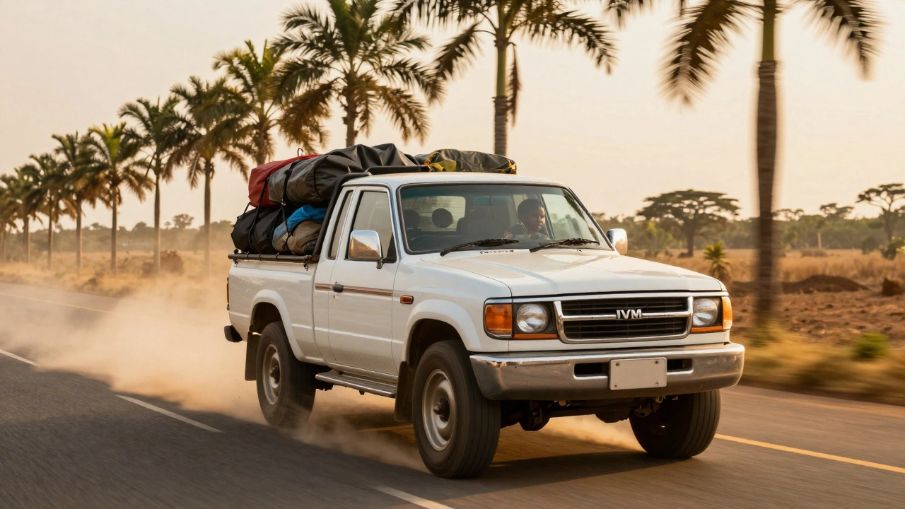 A Nigerian family driving an Innoson pickup truck on a rural highway at sunset.