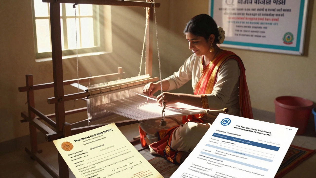 A rural weaver in Gujarat working at a handloom with training grant documents and digital registration visible nearby.