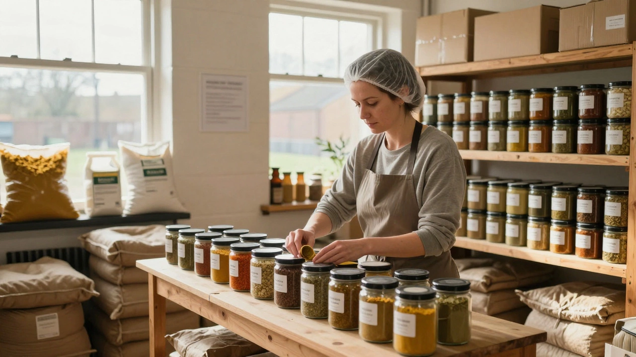 A woman packaging organic spice blends in a bright warehouse, shelves filled with branded jars.