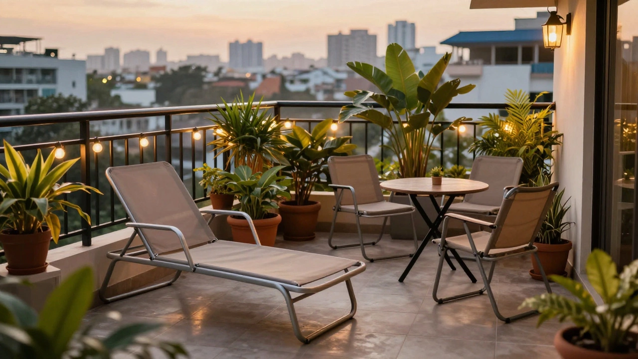Balcony living area in India with lightweight aluminum furniture and UV-resistant cushions.