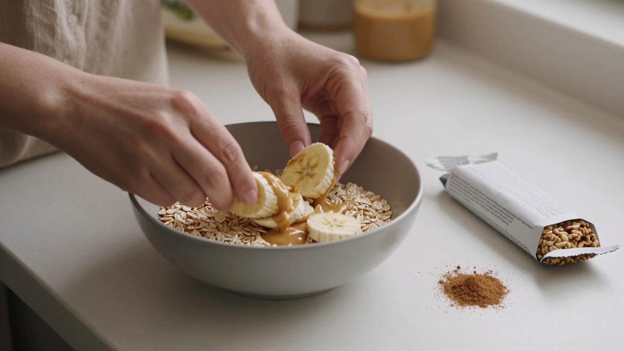 Hands preparing plain oats with banana and peanut butter in a cozy kitchen, next to a discarded granola bar with a long ingredient list.