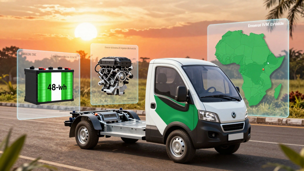Innoson electric vehicle with technical overlays showing battery and chassis, set against West African export map.
