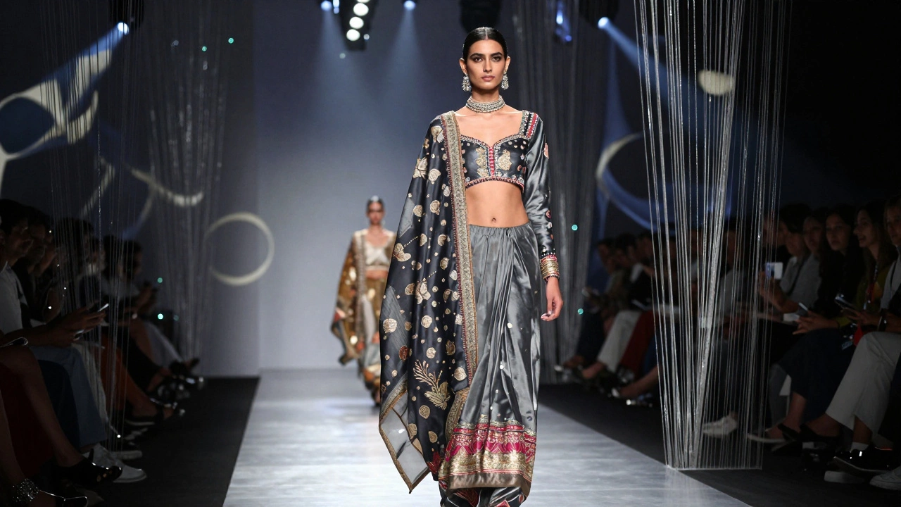 Model on runway wearing modern Banarasi silk outfit with traditional zari details.