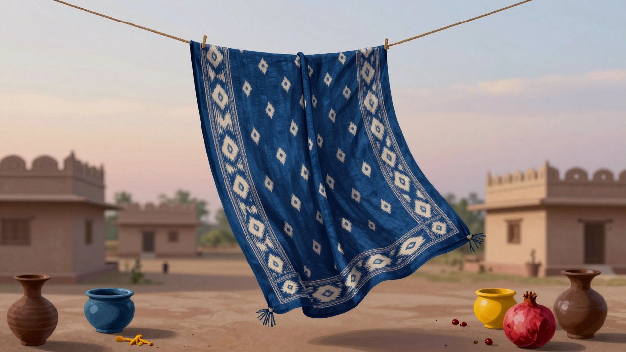 Patola silk sari with perfect double ikat patterns, surrounded by natural dye vessels.